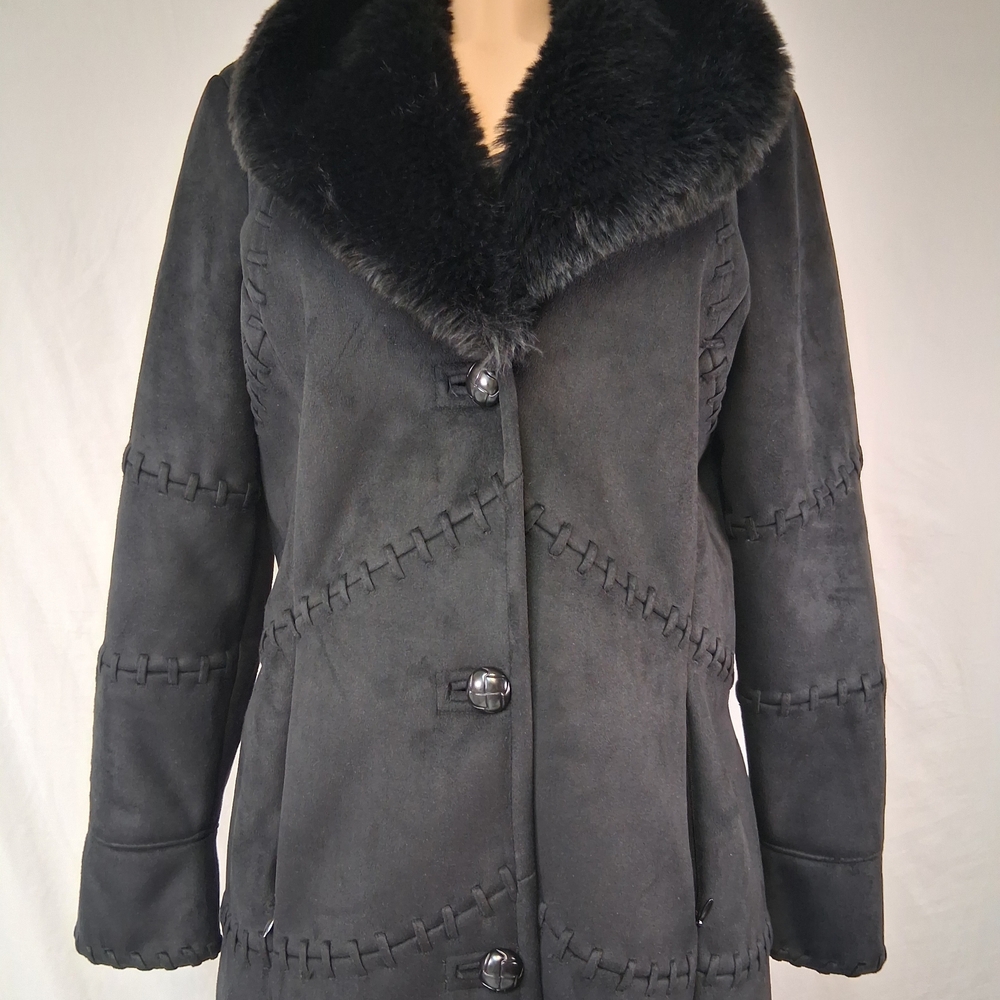 Coldwater Creek Elegant Black Trench Coat with Plush Collar - Picture 4 of 16